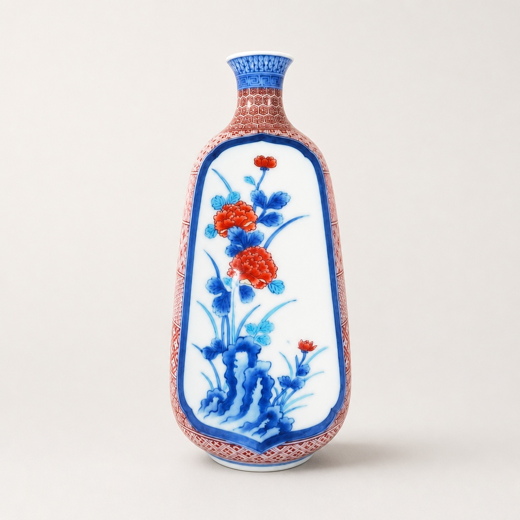 12th Imaizumi Imaemon Nishiki Iwa Hana Mon Kaki Arita Ware Flower Vase - 1