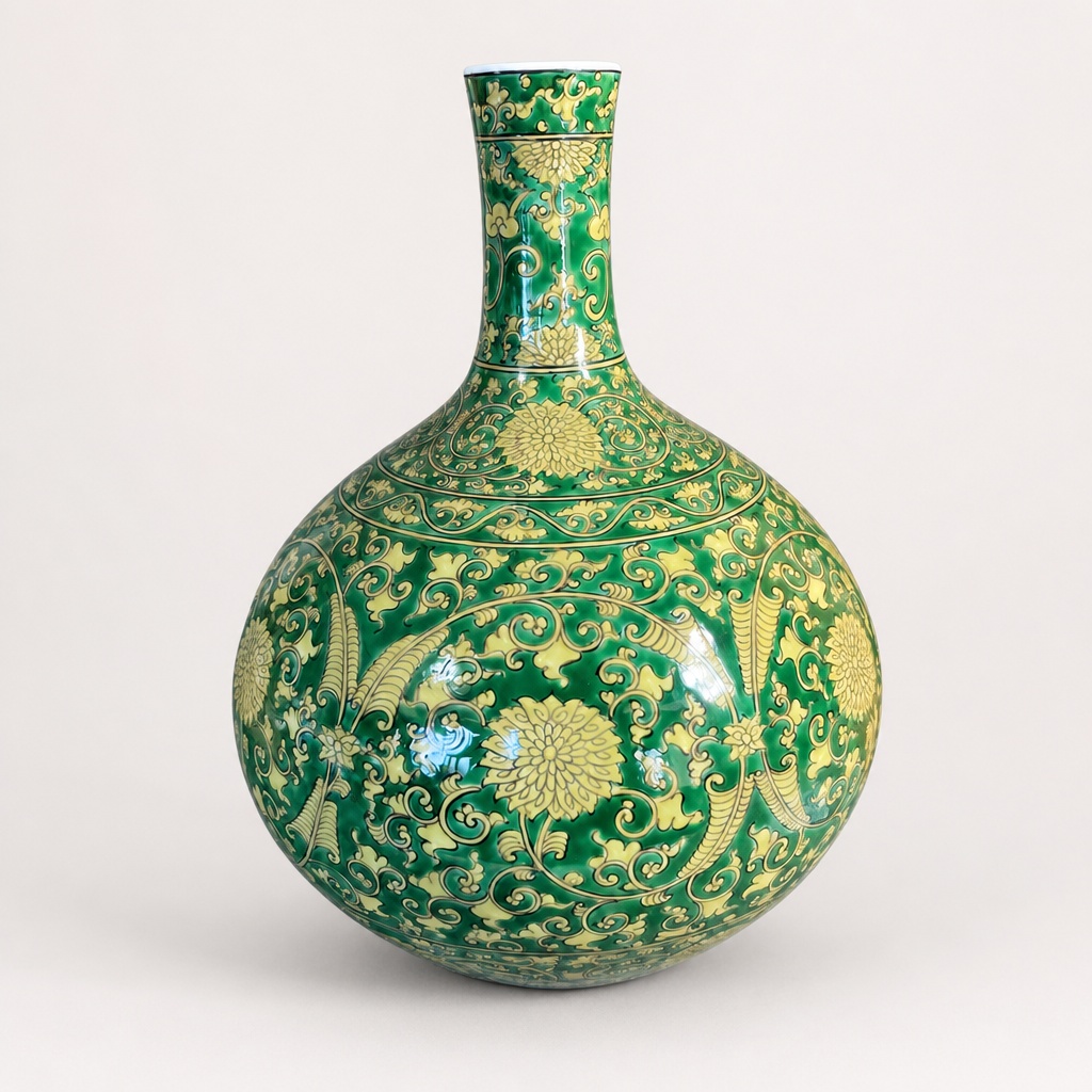 Gen-emon Arita Ware Large Vase Yellow Green Kabuto Arabesque Porcelain - 1