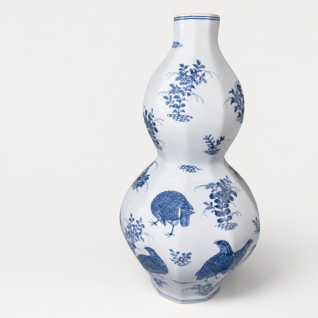 Arita Ware Gen-emon Kiln Sometsuke Quail Flower Vase Gourd Shape - 1