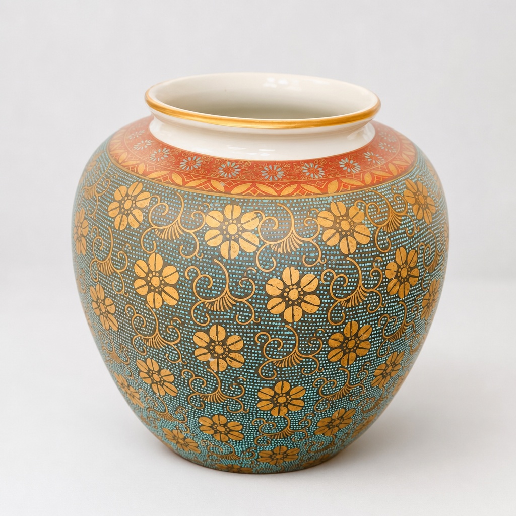 Kutani Ware Aote Tsubu Vase Pottery Wood Box - 1
