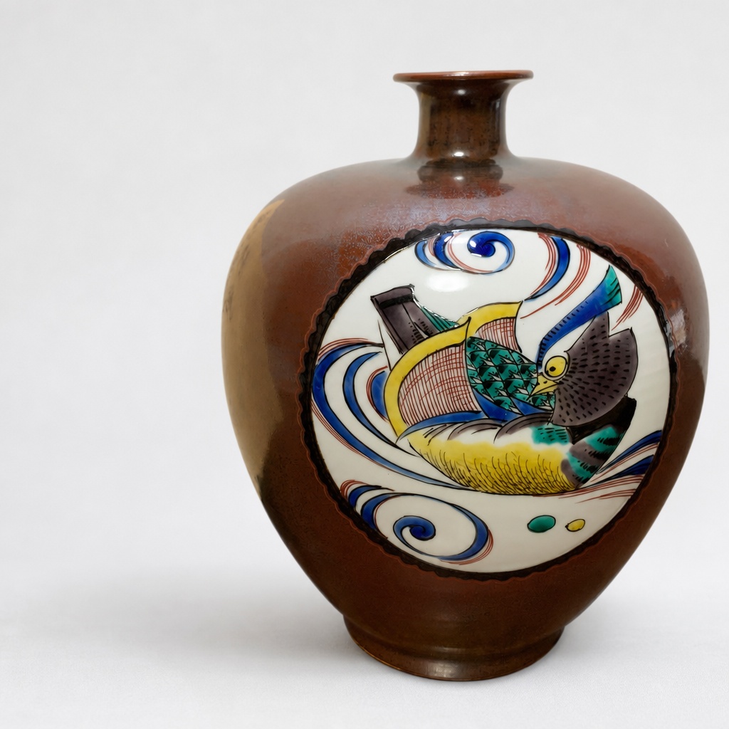 Miyamoto Tadao Kutani Ware Iron Glaze Enamel Mandarin Duck Decorative Vase - 1