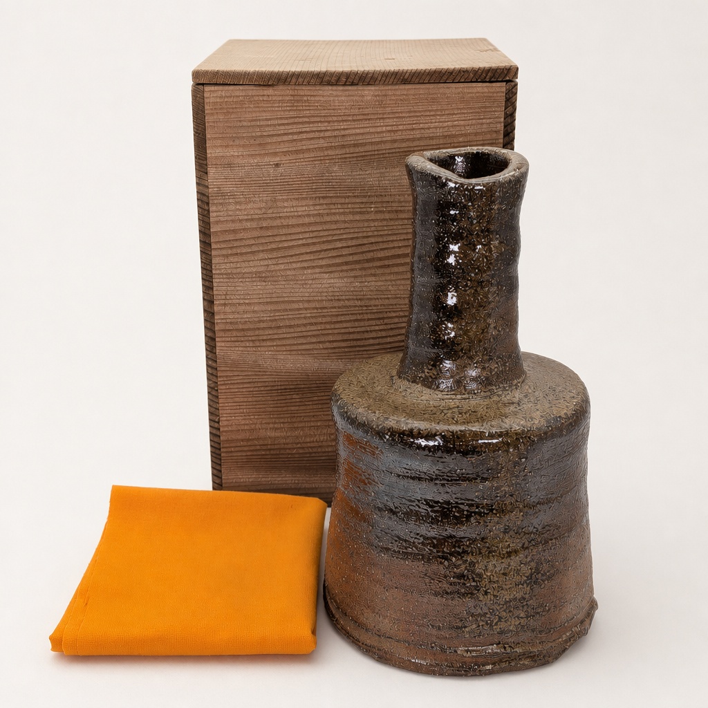 Bizen Ware Flower Vase Ikebana Pottery With Wood Box - 1