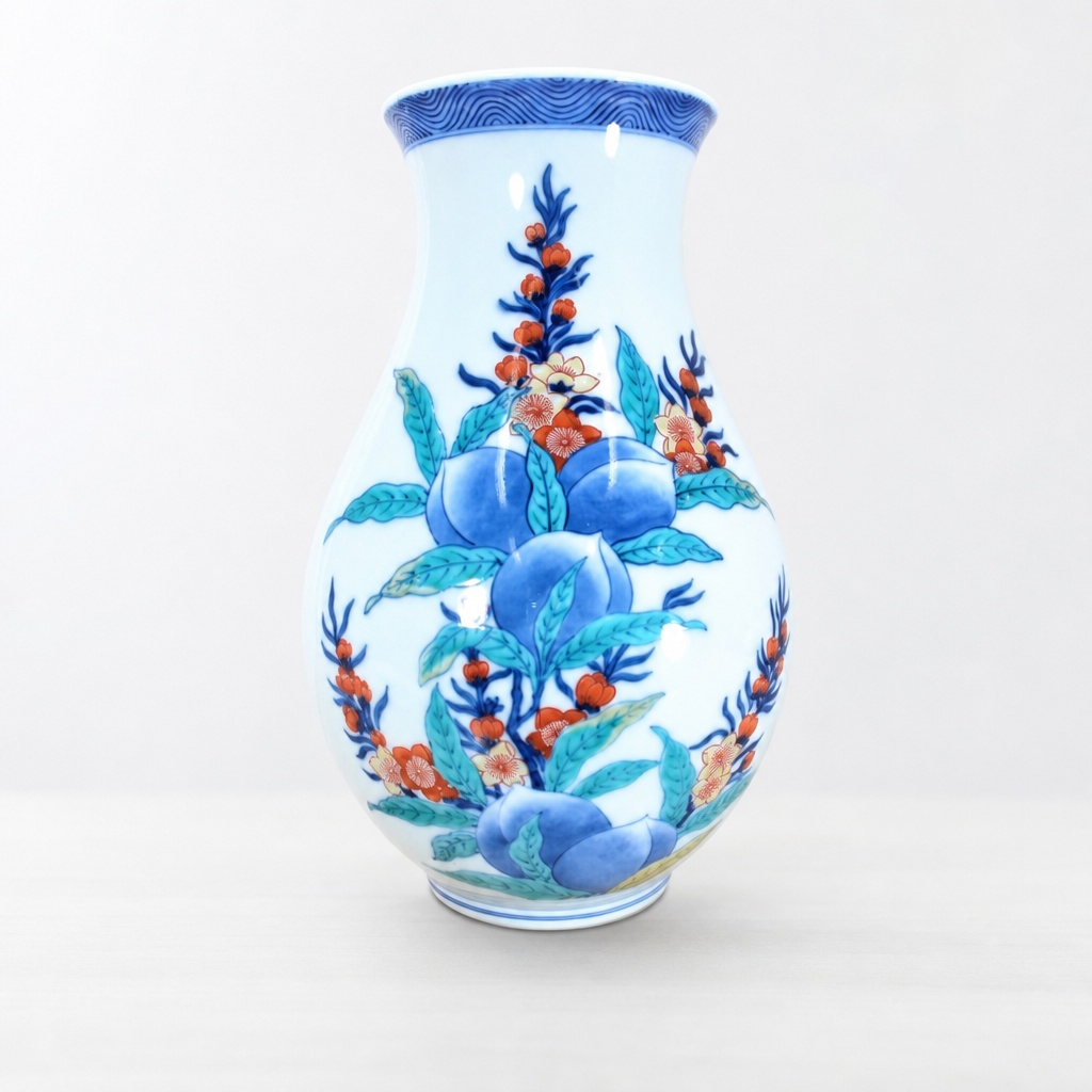 12th Imaizumi Imaemon Nishiki Momo-e Vase Arita Ware Pottery Human National - 1