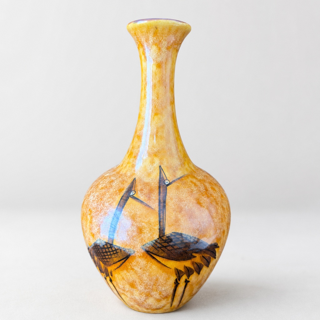 Kutani Ware Asakura Isokichi Crane Vase Orange Brown Green Decoration - 1