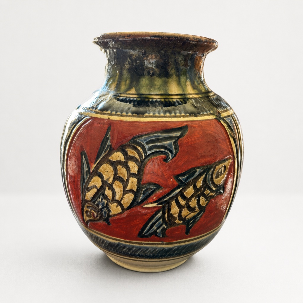 Kobashigawa Kiyomasa Tsuboya Ware Red-enameled Twin Fish Vase - 1