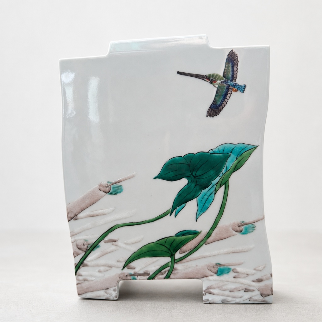 Kutani Ware Hummingbird Leaf Ceramic Flower Vase Black Zelkova Stand - 1