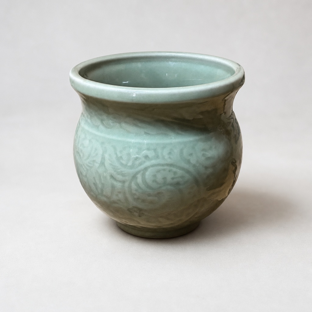 Chinese Celadon Ware Round Vase Pottery Carved Design - 1