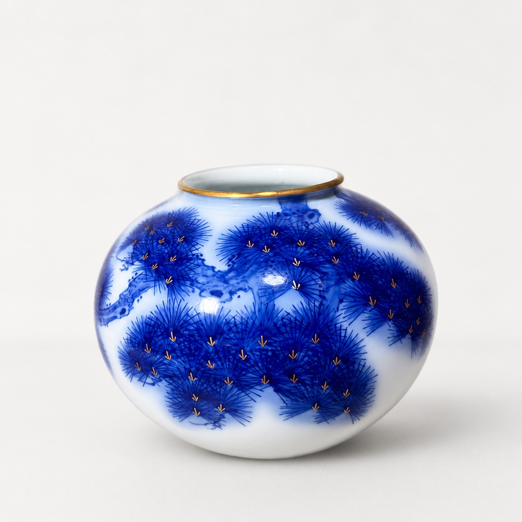 Koransha Old Pine Tree Pattern Vase Gold Trim - 1