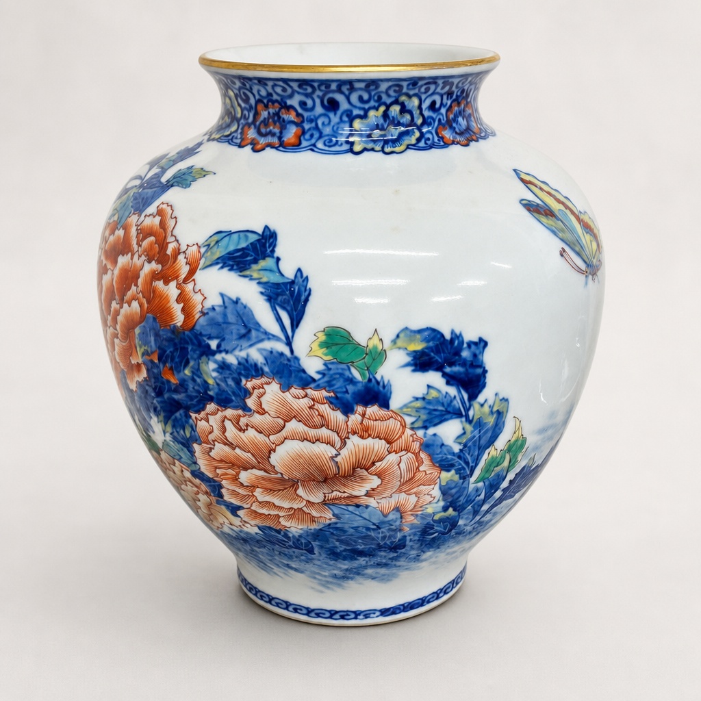 Hand Painted Flower Butterfly Vase Blue White Orange Green Gold Rim Pottery - 1