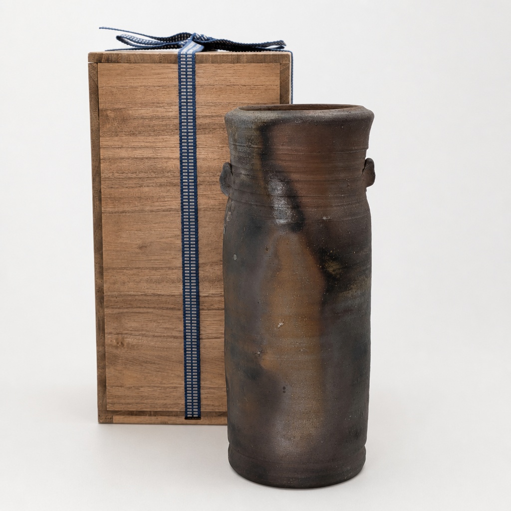 Fujiwara Yu Bizen Ware Flower Vase Ikebana Vase With Wood Box - 1