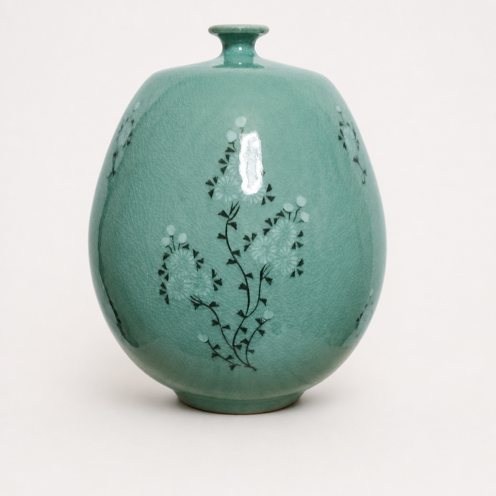 Korean Celadon Vase Flower Vase Green Pottery Wood Box - 1
