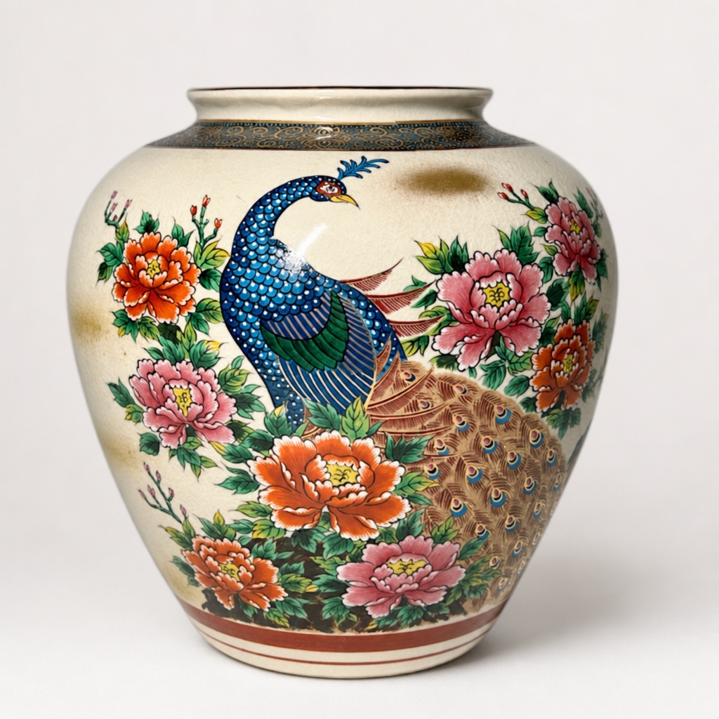 Kutani Ware Peacock Flower Vase Hand-painted Pottery - 1