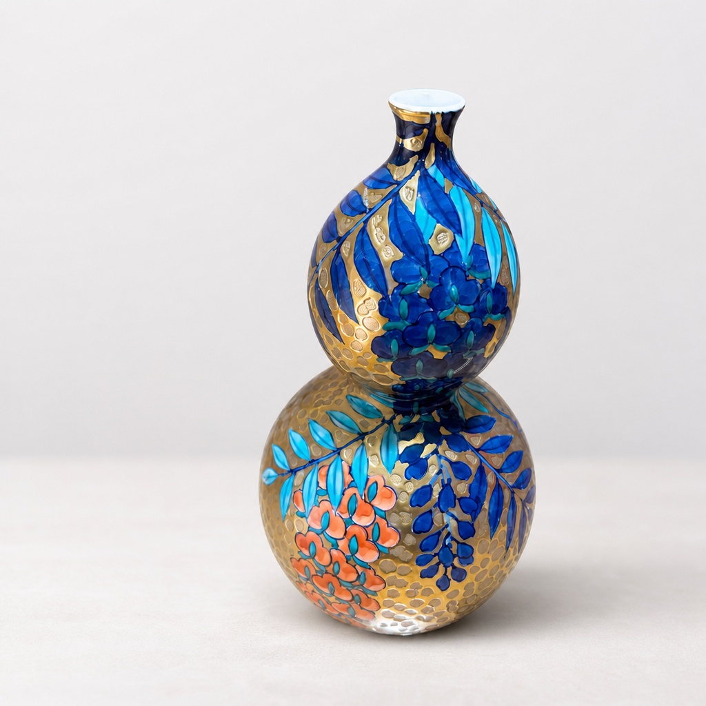 Fujii Kinsai Kinsai Pottery Vase Blue Gold Orange Double Structure Wood Box - 1