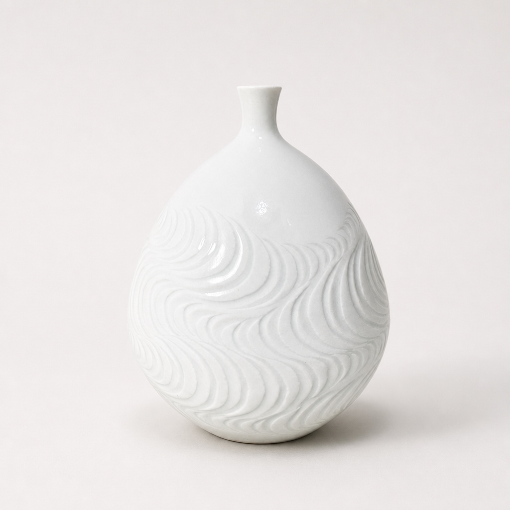 2213 Fujii Shumei Hakuji Ryusui Horimon Vase White Porcelain Flower Vase - 1