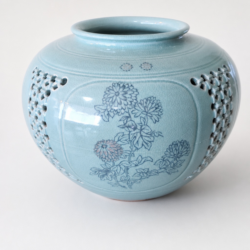 Celadon Ware Vase Flower Pot Pierced Ornament 340mm 283mm - 1