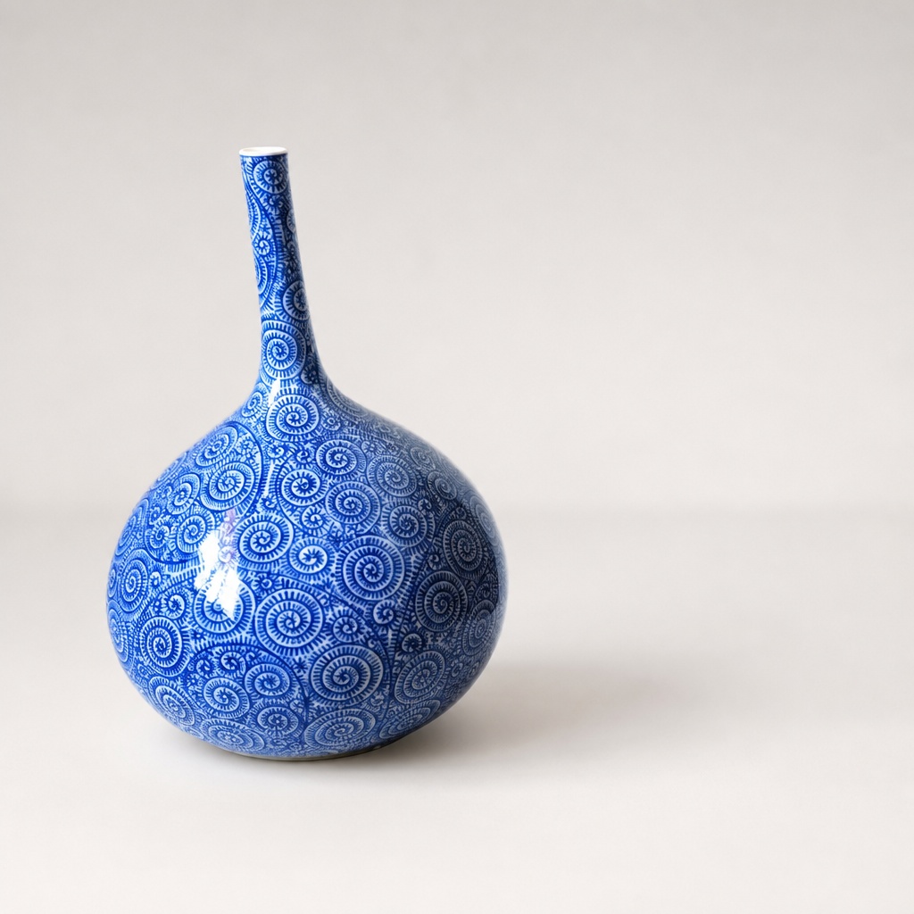 Arita Ware Pottery Vase Blue White Octopus Arabesque Pattern - 1