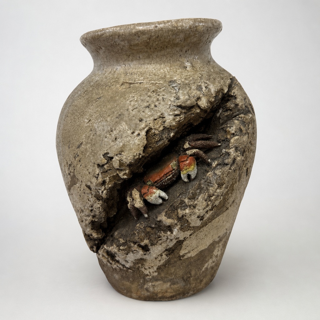 Rakuzan Ware Tamai Rakuzan Tenjin Crab Carving Flower Vase - 1
