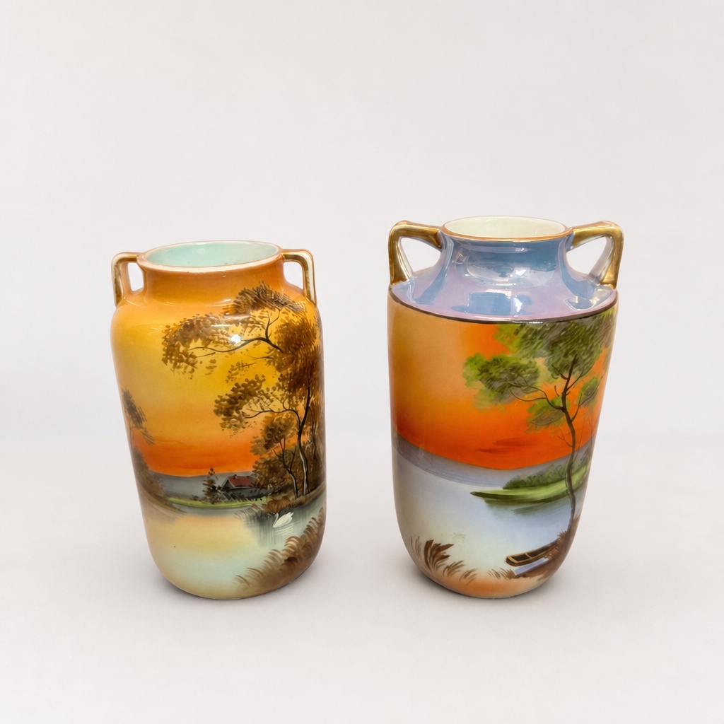 Old Noritake Landscape Vase Pair - 1