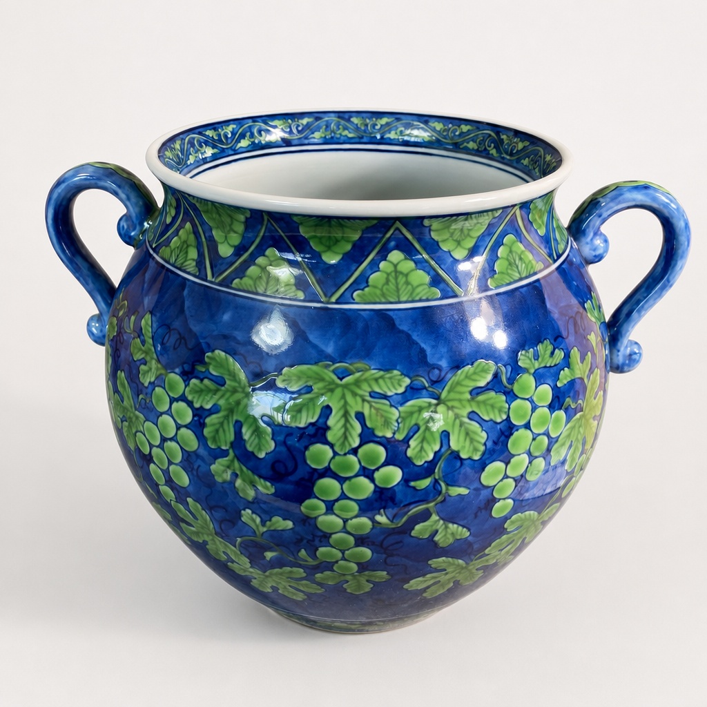 Gen-emon Arita Ware Vase Pottery Green Grape Ear Handle Hand Painted - 1