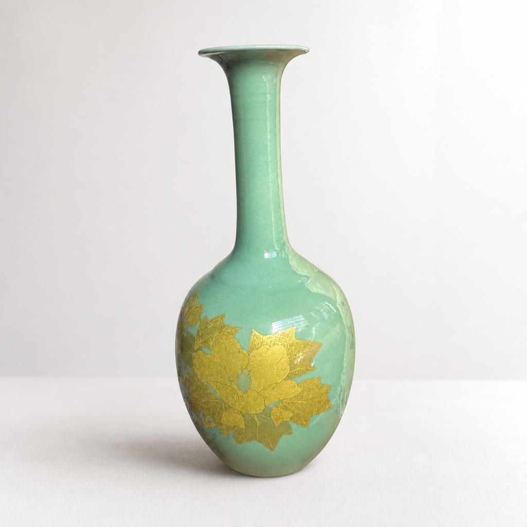 Yoshida Minori Kutani Ware Vase Green Gold Flower Pottery Wooden Box - 1