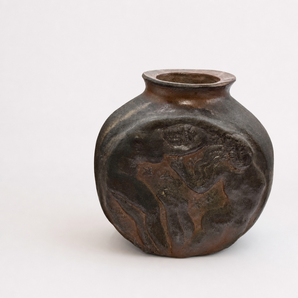 Okamoto Kinpo Bizen Ware Garden Of Peace Flower Vase Pottery Sculpture - 1