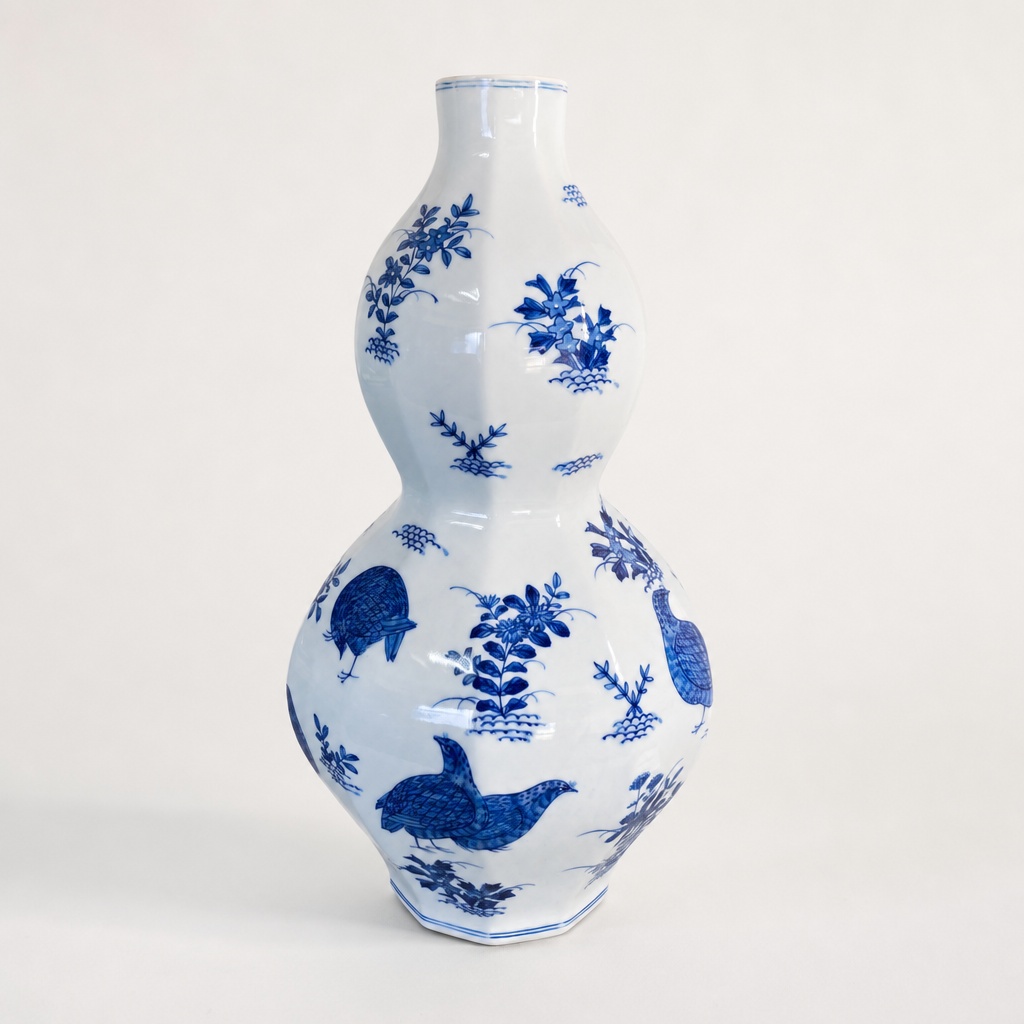 Gen-emon Arita Ware Sometsuke Uzura-e Hyotan-gata Flower Vase Pottery - 1