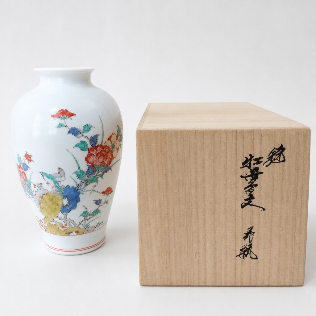 Kakiemon Ware Flower Vase Pottery White Blue Red Green Yellow Flower Bird Design - 1