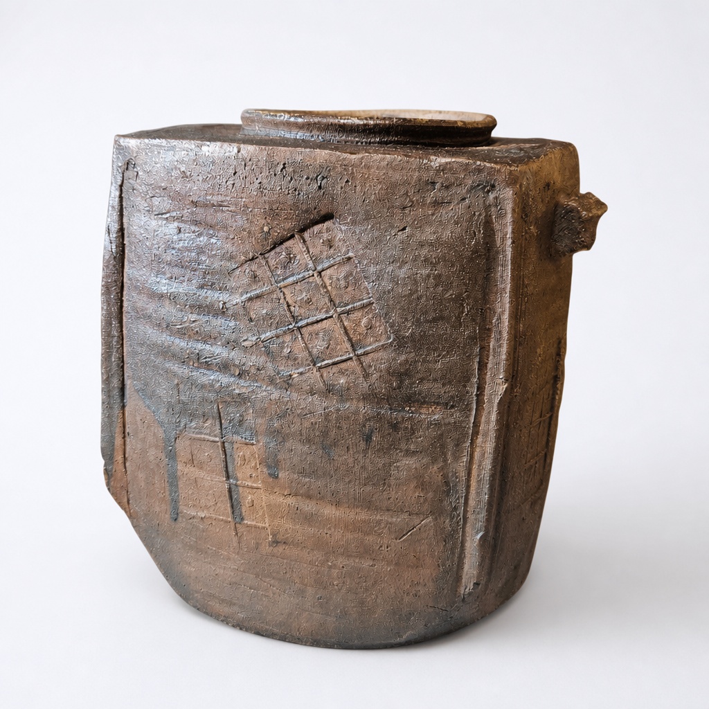 Old Tamba Ware Edo Period Square Vase Flower Holder With Twin Handles - 1