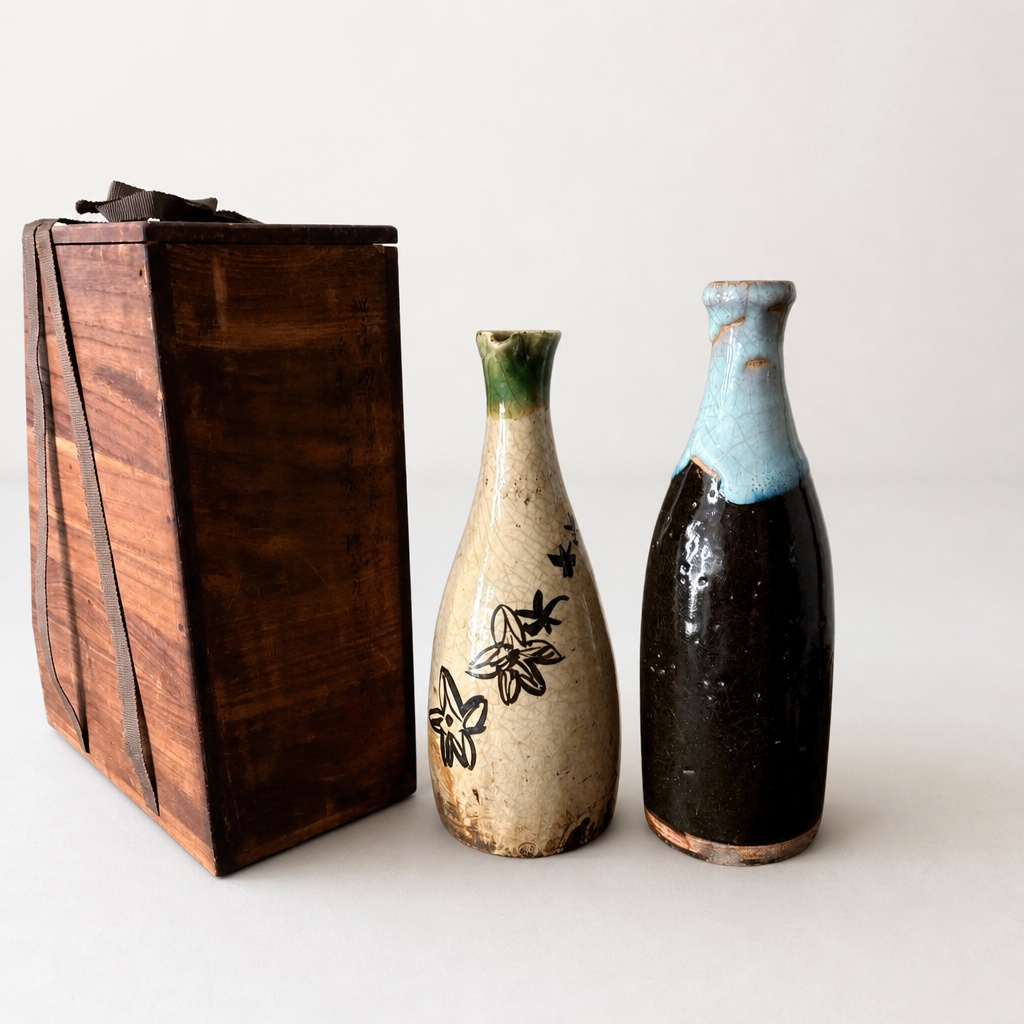 Oribe Ware Karatsu Ware Tokkuri Vase Edo Period Antique Pottery 2-Piece Set - 1