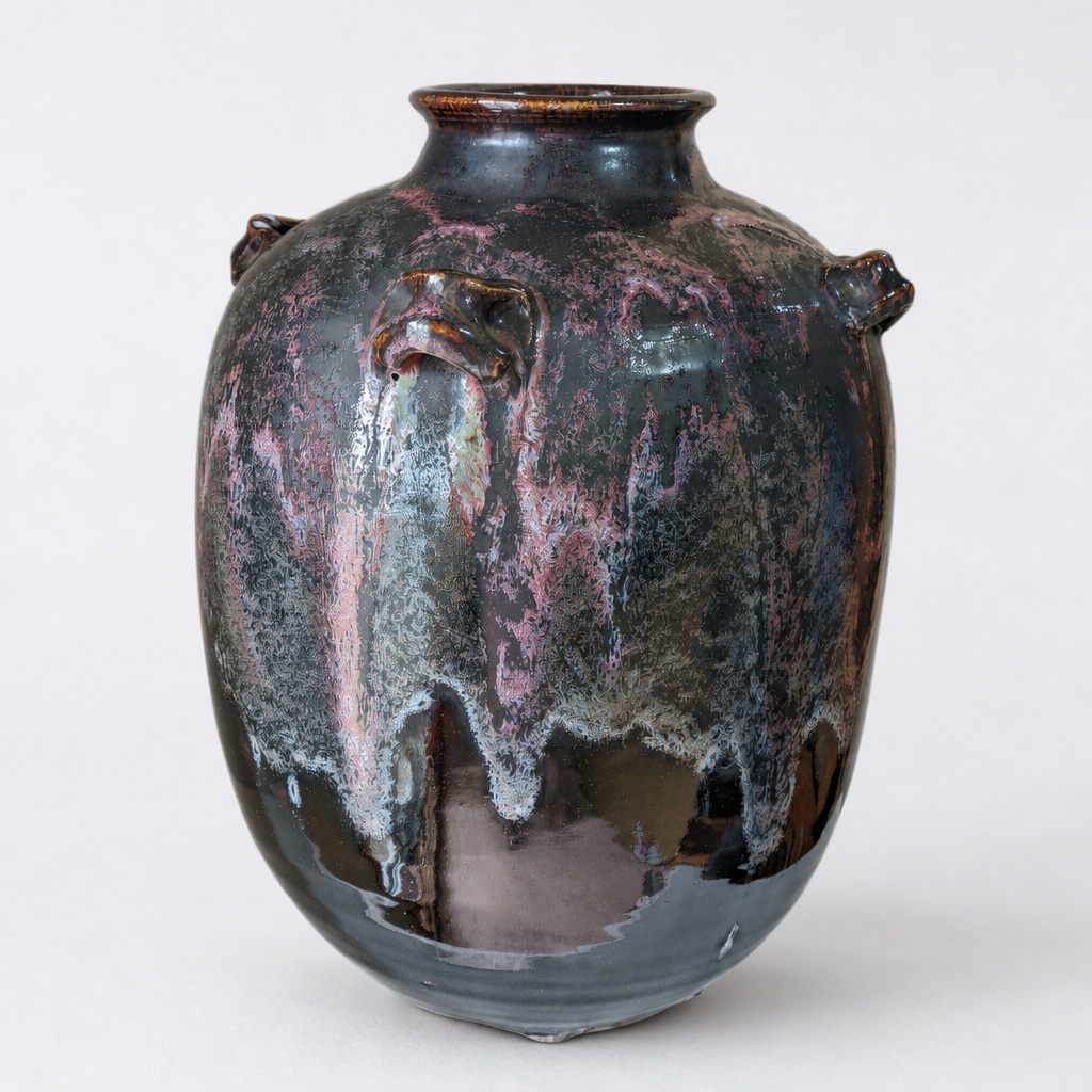 Chinese Pottery Four-eared Jar Vase Antique Old Ceramic Ornament - 1