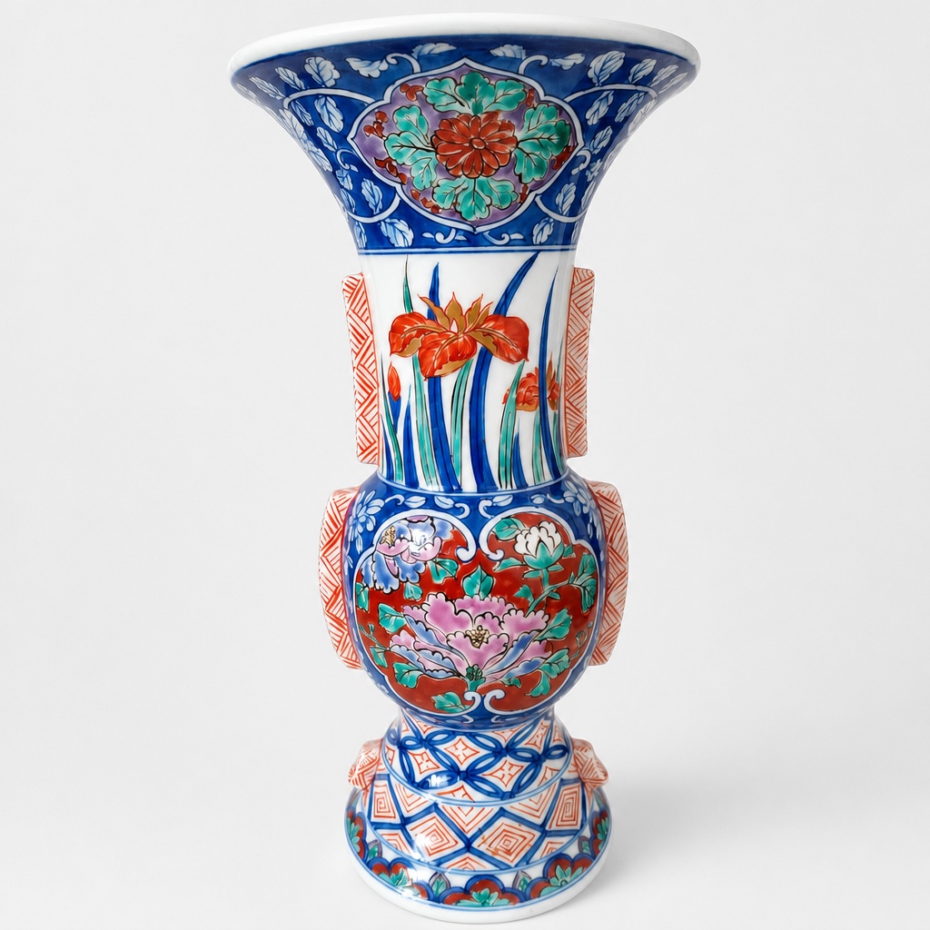 Arita Ware Kasan Manemon Kiln Sometsuke Ayame Flower Vase Pottery - 1