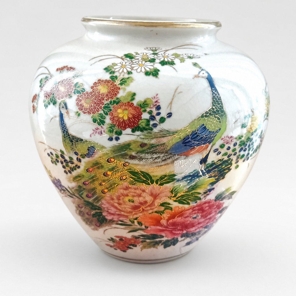 Kutani Ware Senryu Peony Peacock Vase Flower Pot Hand Painted Iroe - 1
