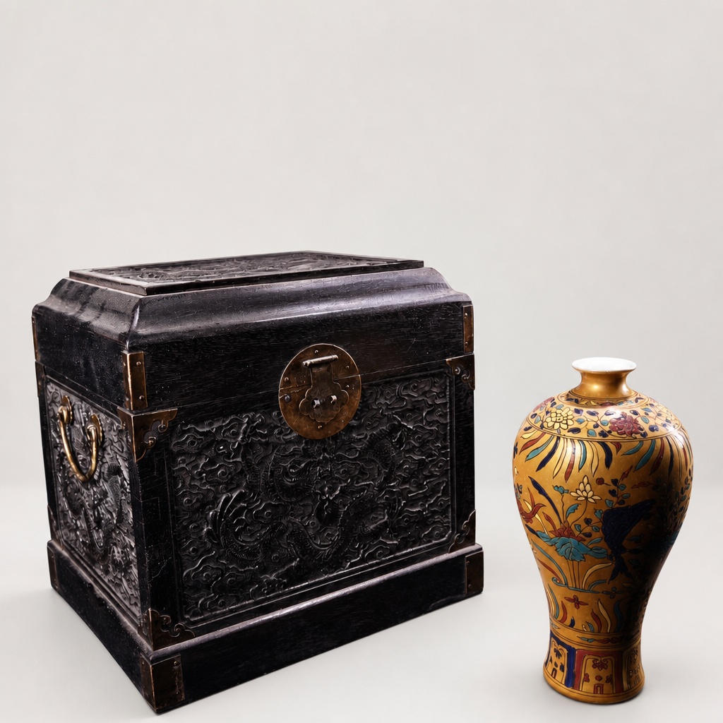 Chinese Pure Hand-painted Gold Famille Rose Porcelain Vase Ebony Box - 1