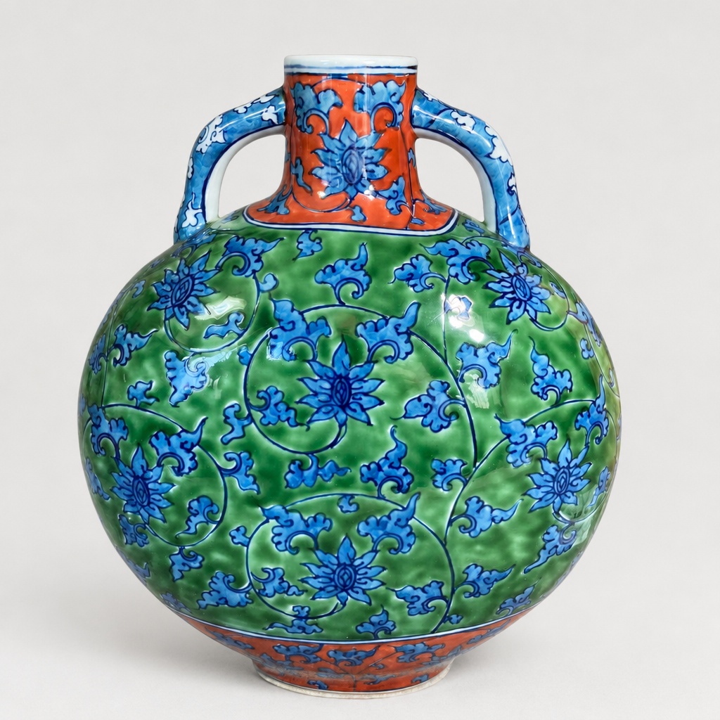 Gen-emon Arita Ware Vase Jar Hand-painted Green Arabesque Porcelain - 1