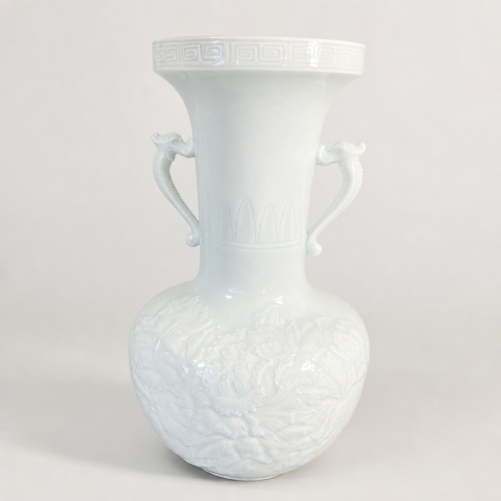 Arita Ware Higashi Toroku White Porcelain Peony Carved Dragon Ear Large Vase - 1