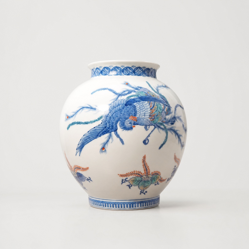 Nabeshima Oniwa Ware Ichikawa Mitsuharu Phoenix Vase Flower Base Blue Bird Decor - 1