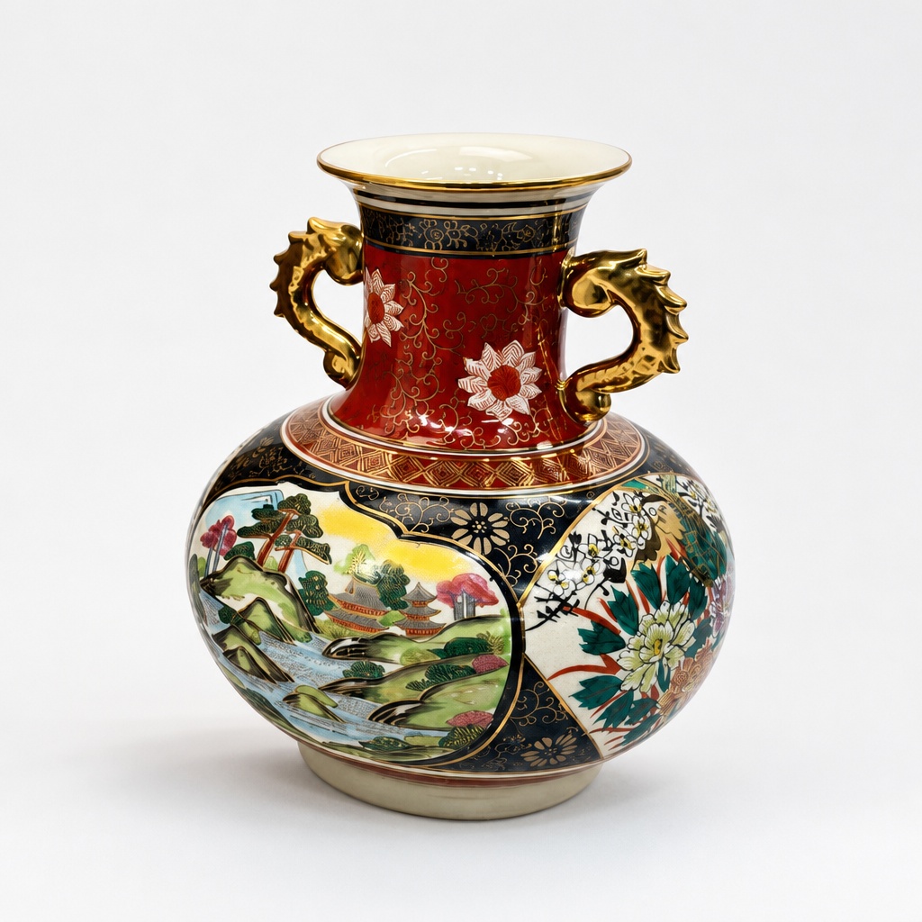 Kutani Ware Tosei Vase Flower Pot Gold Polychrome Dragon Ear Handles Wood Box - 1