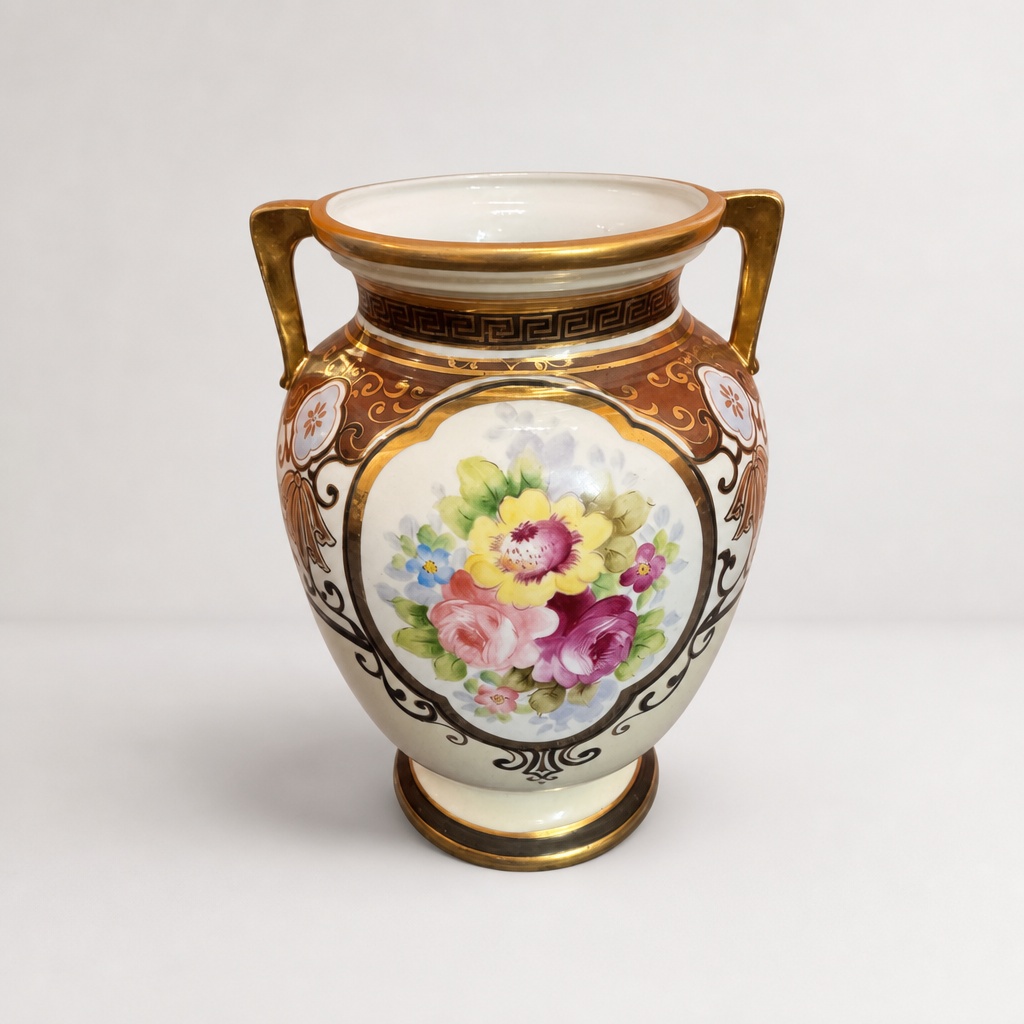 Old Noritake Vase Flower Pattern Double Handle - 1