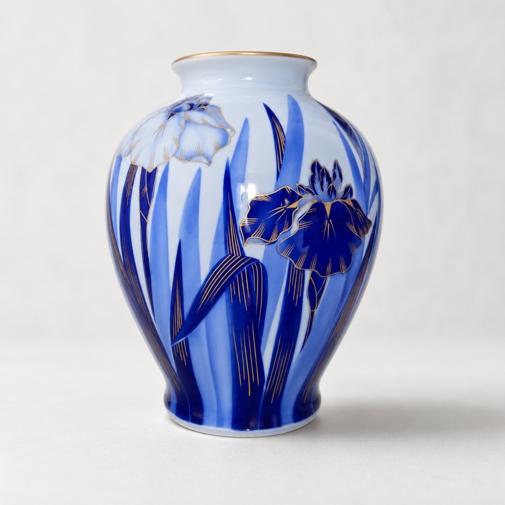 Fukagawa Seiji Iris Flower Vase Blue White Gold Trim Pottery - 1