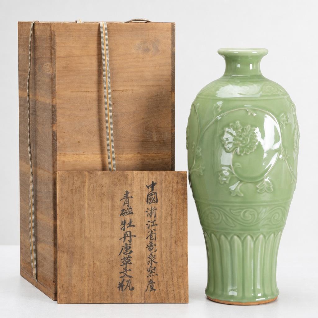 Longquan Ware Celadon Peony Arabesque Vase 48cm Chinese Antique Pottery - 1