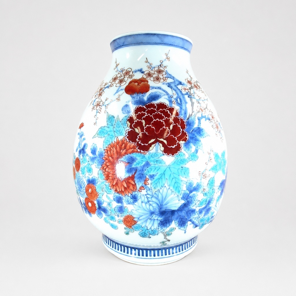 12th Imaizumi Imaemon Nishiki Plum Hibiscus Vase Arita Ware - 1