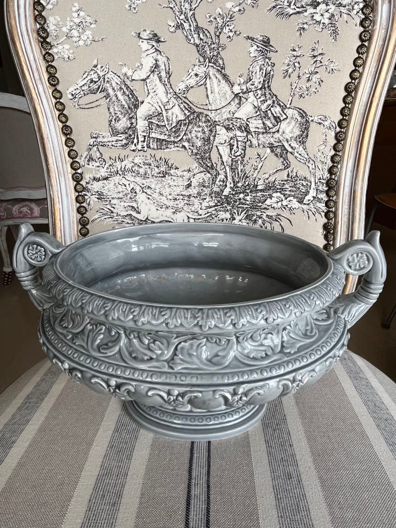 Italian Planter Pot Bowl Decorative Carved Gray Ceramic 2 Handles - 1