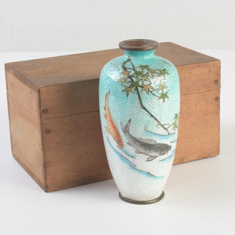 Japanese Cloisonne Enamel Vase Blue Glaze Fish Design A554 - 1