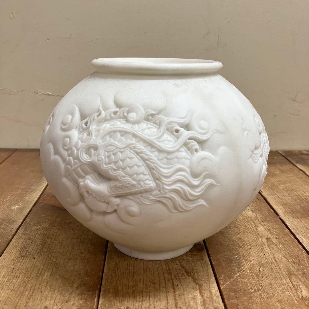 White Marble Dragon Relief Carved Round Jar Incense Burner Vase Flower Pot - 1