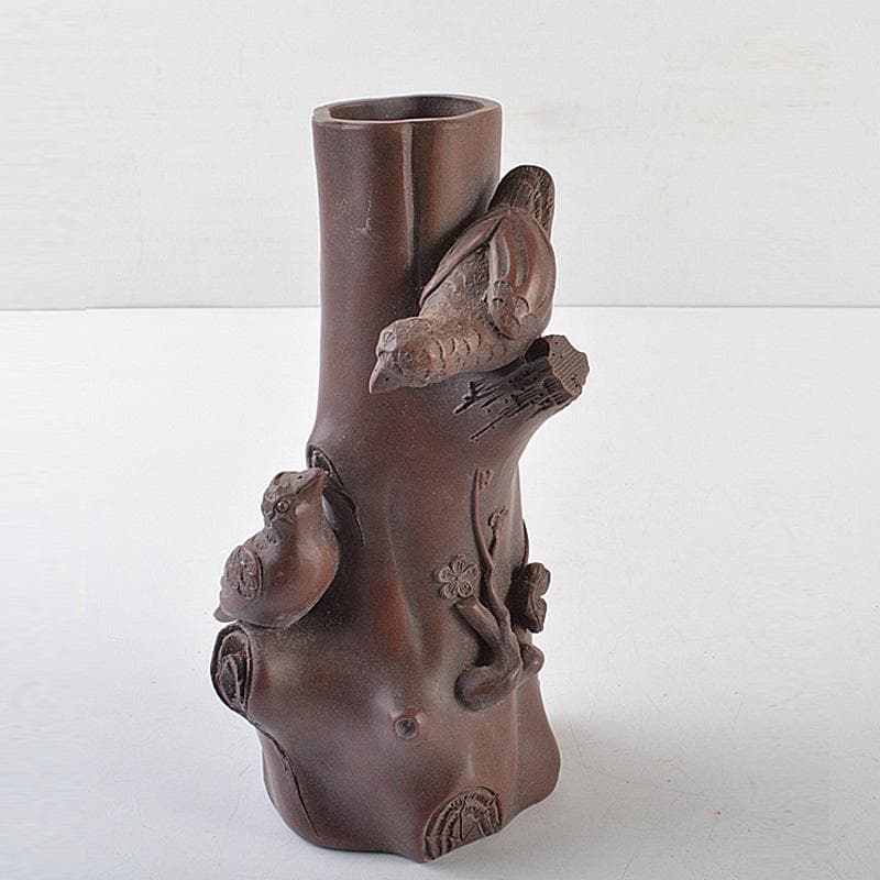Chinese Yixing Zisha Zini Plum Bird Carved Vase - 1