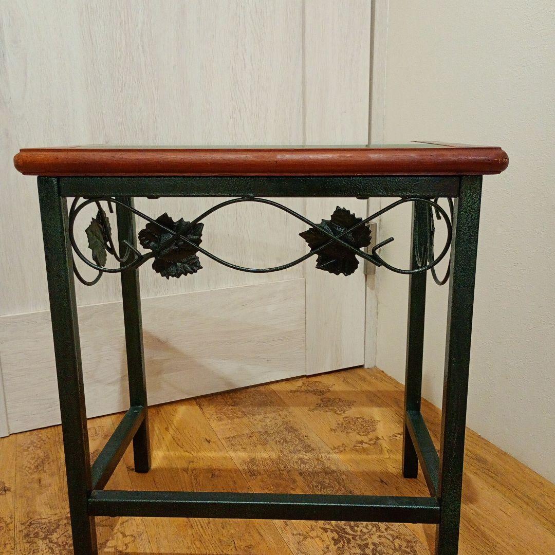 Iron Wood Glass Side Table Flower Stand Grape Leaf Motif Brown Dark Green - 1