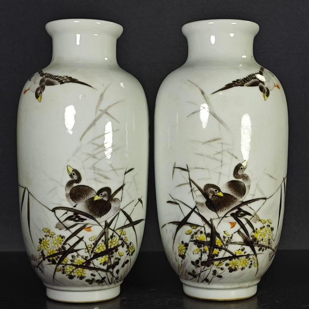 Ink Wash Reed Goose Design Porcelain Vase Pair - 1