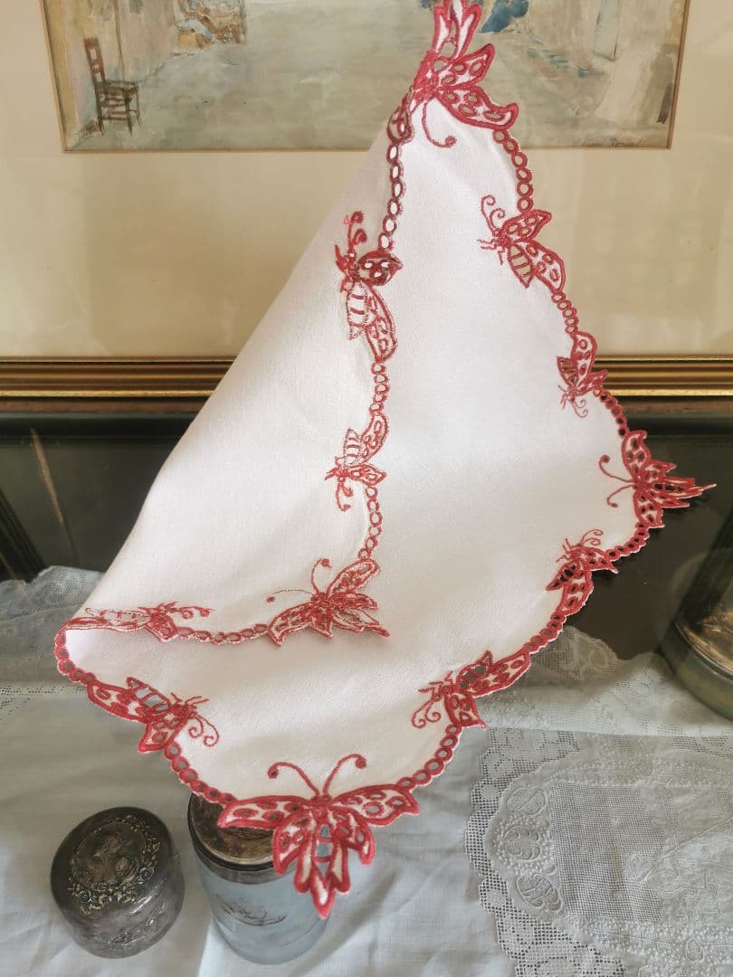 French Antique Butterfly Redwork Open Cutwork Doily Linen Cotton Silk - 1