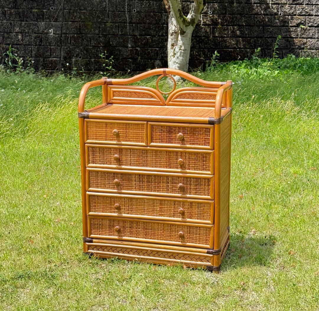 Vintage Rattan Chest 5-Drawer 6-Compartment Cabinet Caramel Color - 1