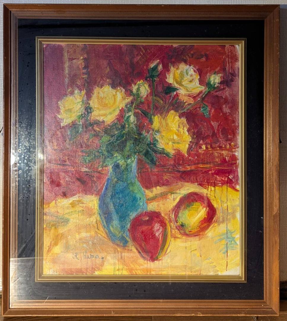 Oil Painting Still Life Yellow Roses Red Background Fruit A108 - 1